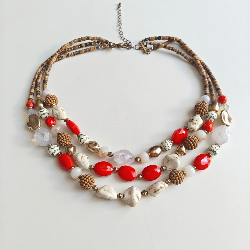 Red Brown Wood Stone Bead Multi Strand Statement Necklace Boho Gold Tone